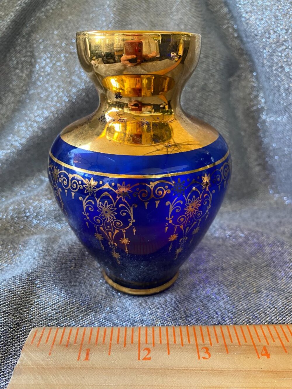 Vintage Cobalt Art Glass Vase 24K Gold Gilt Filigree